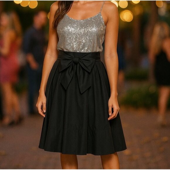 Y2K Vintage Express Pleated Satin Skirt Size 0 Black with Bow Classic Women's - Picture 1 of 5